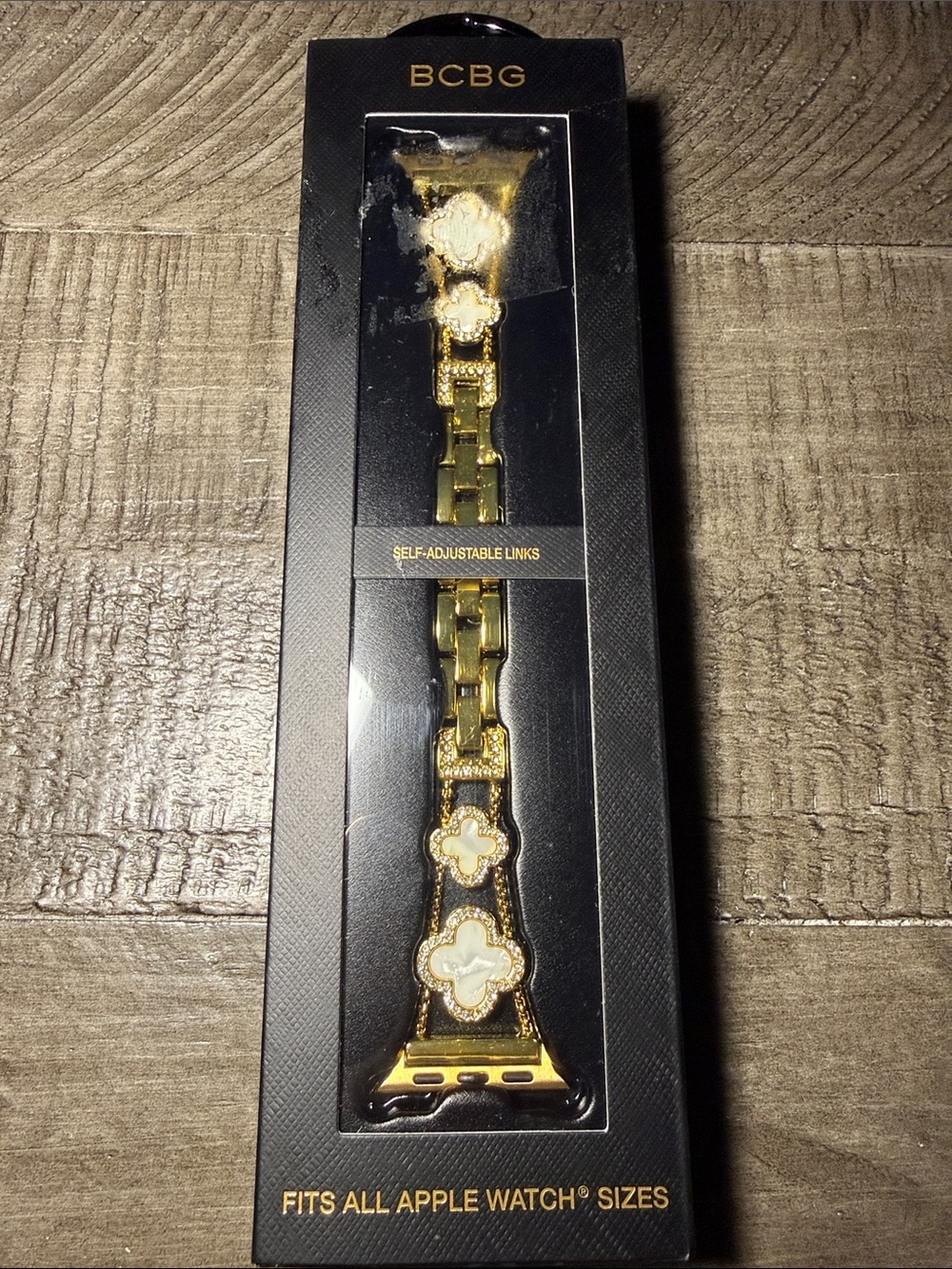 BCBG Gold and White Apple Watch Band with self adjustable links - NEW!!